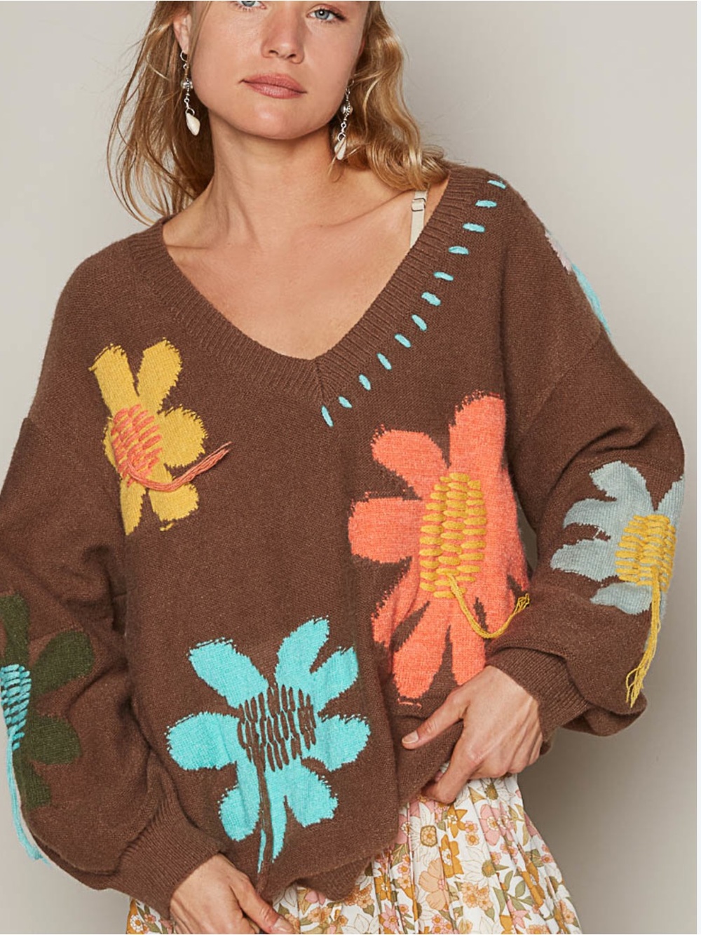 POL Groovy Bloom Balloon Sleeve Floral Sweater